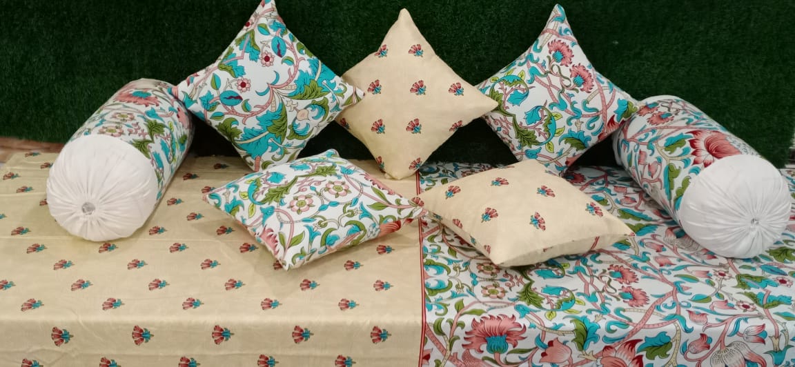 Designer Pure Cotton Coordinated Printed Diwan Set by HOMIEKART