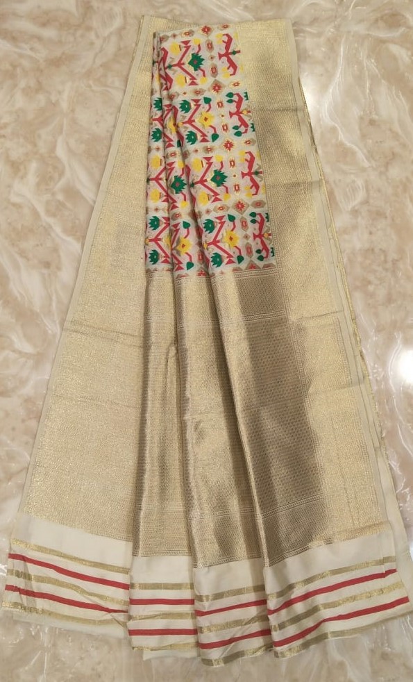 Designer White Silk Saree with Multi Thread Weave