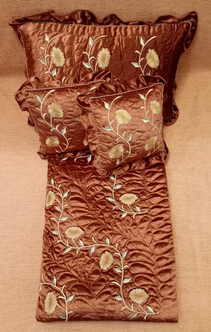 Fancy Embroidered Lycra Quilted Frilled Bedcover Set by Homiekart